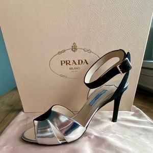 Prada Leather Strappy Heel in Black and Silver